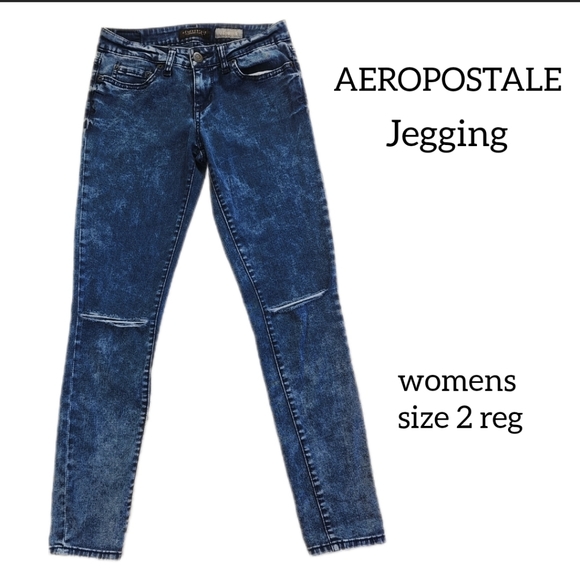 AERPOSTALE WOMENS JEGGINGS DISTRESSED ON KNEES SIZE 2 REGULAR STONE WASHED BLUE - Picture 1 of 16